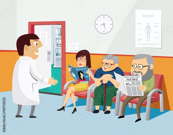 Fototapeta The best medical health care. Modern interior of a private medical practice Health Center. Vaccination. Waiting room at the doctor with the patient and nurse. Simple cartoon vector illustration.