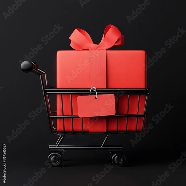 Fototapeta A vibrant red gift box with a bow, placed in a shopping cart, perfect for holiday marketing and festive promotions.