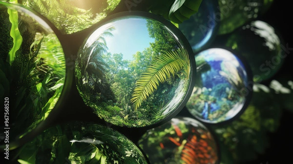 Fototapeta A biophilic lens showcases vibrant greenery, with each turn revealing unique ecosystem filled with lush plants and serene landscapes. This captivating image evokes sense of tranquility and connection