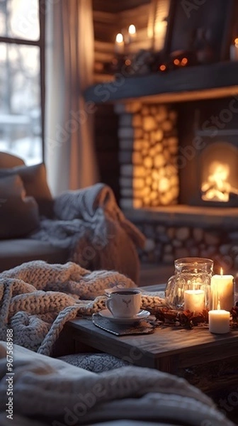 Fototapeta A cozy living room with soft blankets and hot cocoa on the coffee table, lit by warm candlelight from an open fireplace in the background