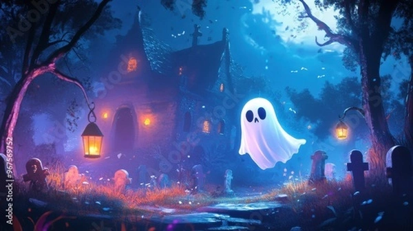 Obraz A whimsical ghost floats near an enchanting haunted house, illuminated by lanterns in a mysterious graveyard setting.