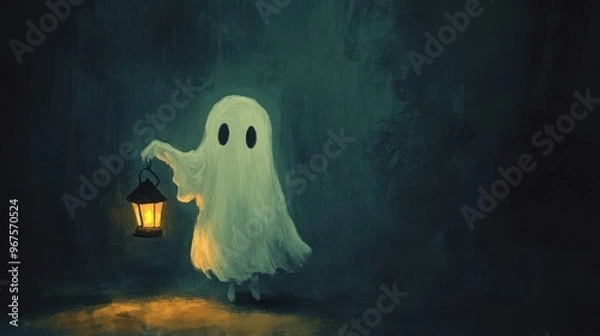 Fototapeta A whimsical ghost holding a glowing lantern in a dark, mysterious setting, perfect for Halloween or spooky themes.