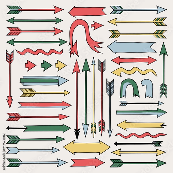 Fototapeta Colorful hand-drawn arrows of various shapes and sizes on a light background.