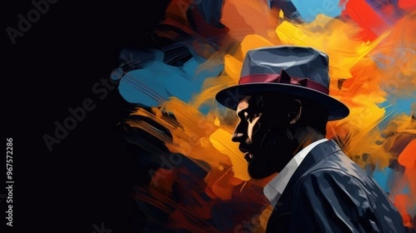 Fototapeta Abstract Painting of Gentleman Wearing Tuxedo Suit with Hat for Ready to Party or Musician Avatar. Fictional Characters Created By Generative AI.