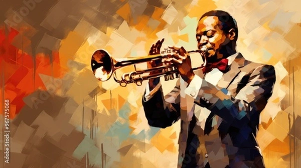Fototapeta Painting of Male Trumpeter Playing His Instrument in Passion and Energy. Fictional Characters Created By Generative AI.