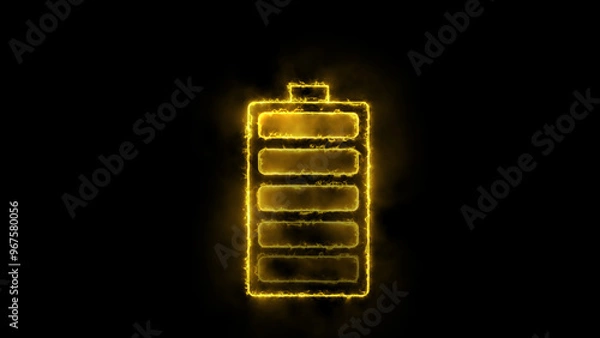 Fototapeta Glowing neon battery icon. Power and Electricity fire Ekmulato Battery.Charging level-up neon  battery symbol animation.