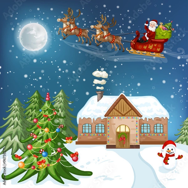 Obraz Merry Christmas Card. Illustration with Christmas house, Christmas tree ,Santa Claus and snowman