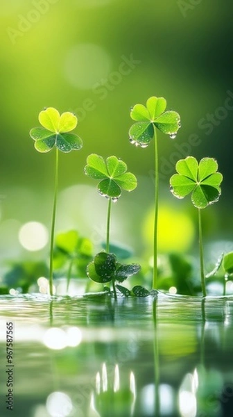 Fototapeta Close-up of clover leaves with dewdrops, serene nature scene. Tranquility and freshness concept