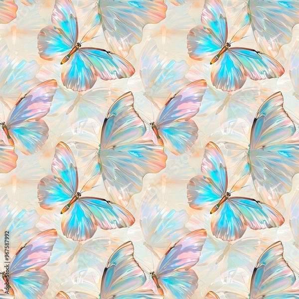 Fototapeta Delicate watercolor butterflies on a light background. Seamless pattern.