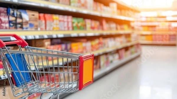 Fototapeta Vibrant product display shelves with colorful shopping carts, labels under spotlight, showcasing a variety of brands, organized and clean