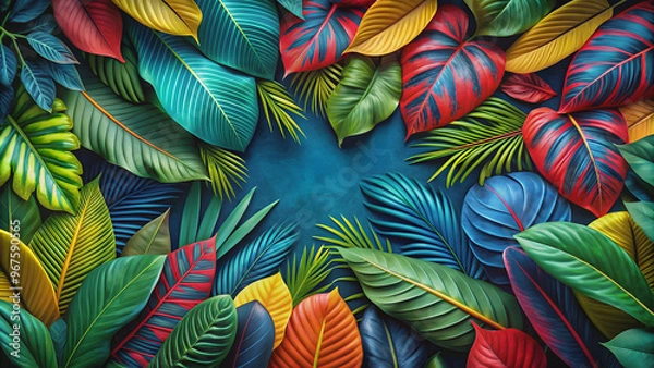Fototapeta Lush and vibrant tropical leaves in shades of blue, red, yellow, and green create an exotic and colorful pattern, tropical, leaves, vibrant