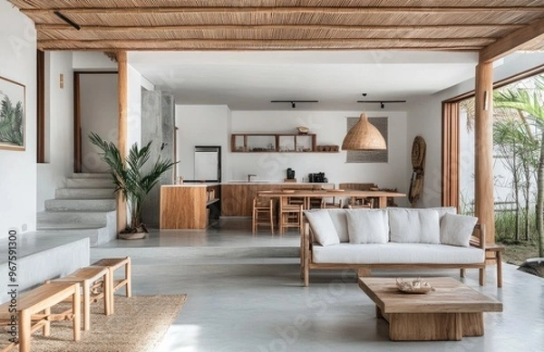 Fototapeta  A photo of the interior design of an adobe style house in Tulum, Mexico with white walls and wooden beams on ceiling, featuring natural wood accents like tree stump coffee tables. Created with Ai