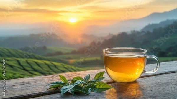 Obraz The background of the tea plantations is accompanied by a green tea cup with a green tea leaf