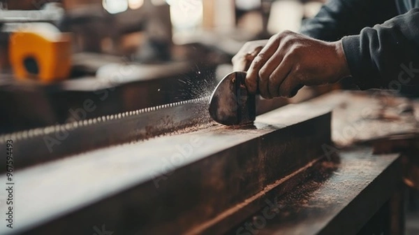 Fototapeta Woodworking in Progress: A Close-up of a Carpenter's Hand Sharpening a Saw