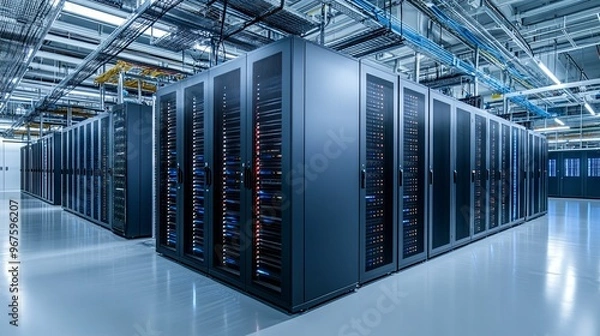 Fototapeta Server racks in a modern data center with blue cables overhead