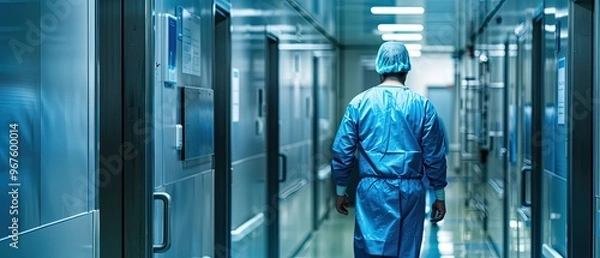 Fototapeta A man in a blue lab coat walks down a hallway
