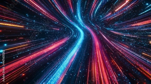 Obraz Light tracks of speed movement are formed by a dynamic composition of bright lines, displaying a neon light effect representing the concept of light speed.