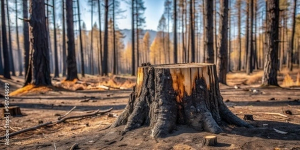 Fototapeta Burned tree stump in a desolate forest landscape after a wildfire, charred, destruction, wildfire, devastation