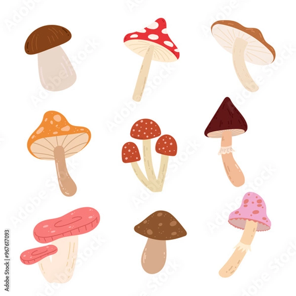 Fototapeta Hand drawn mushroom set. Autumn vibes, forest, food. Vector simple flat design isolated on white background	