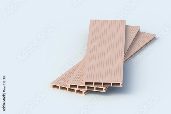 Fototapeta Heap of decking boards on gray background. Building materials. Siding planks. Modern composite panel for terrace. Home renovation. Copy space. 3d render
