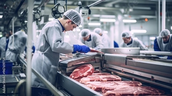 Fototapeta Production line in the food factory.Factory for the production of food from meat.Industrial equipment at a meat factory.Automated production line in modern food factory.People working..