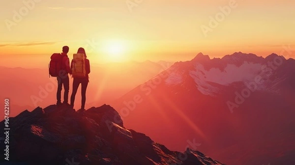 Fototapeta A couple hiking on the top of a mountain, with the sunrise in the background