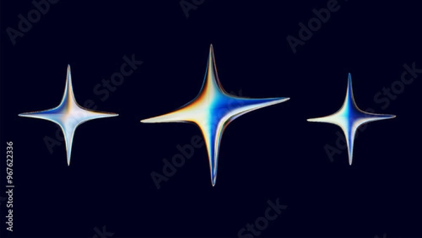 Fototapeta Set of 3d Holographic Chrome Stars in Y2K style. Abstract 3D stars