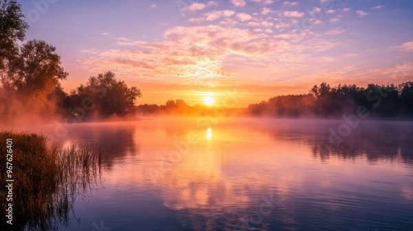 Fototapeta A beautiful sunrise over a river, with soft light reflecting off the calm water