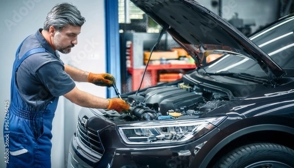 Fototapeta Car mechanic repairing a car in auto repair shop. Generated image