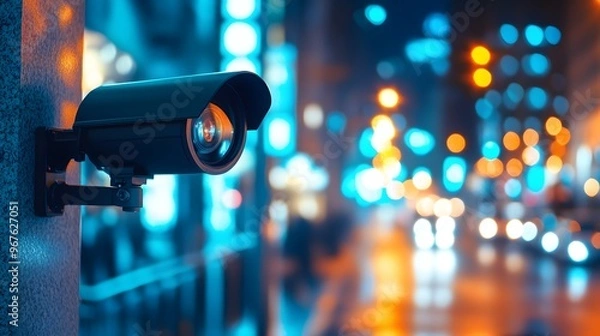 Fototapeta Security Camera On Wall Against Bokeh City Lights At Night