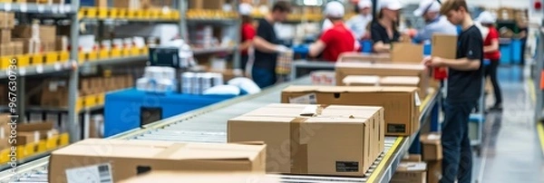 Fototapeta Order fulfillment process with workers picking and packing products in a bustling fulfillment center with copy space