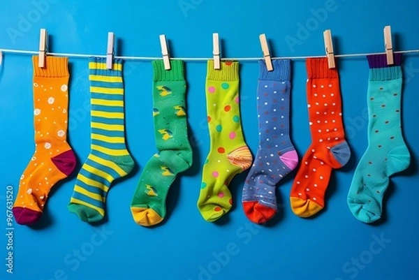 Obraz World Down syndrome day background. Down syndrome awareness concept. different socks. April Fool's Day, stupid socks. Odd Socks Day. Copy space