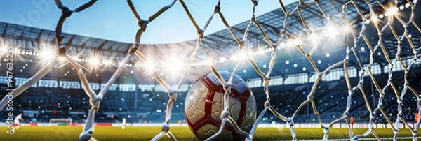 Fototapeta A soccer ball hitting the net inside a brightly lit stadium during a competitive match with players visible in the background under a clear blue sky