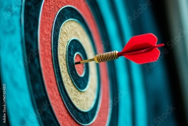 Fototapeta A dart at the centre of a target, the concept of reaching the goal