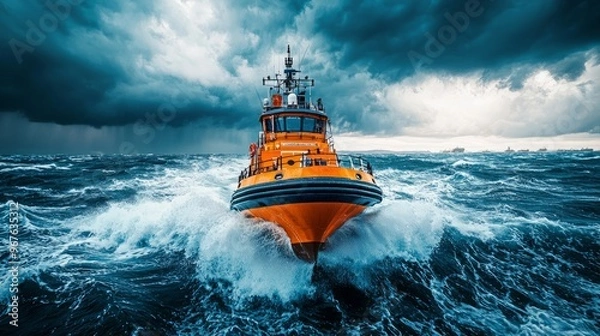 Fototapeta Rescue boat speeding through rough ocean waters under dark stormy skies