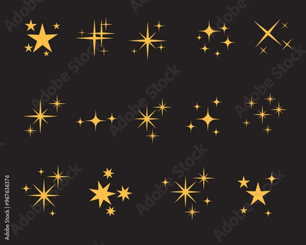 Fototapeta Sparkles stars, Shiny magic Christmas effect, twinkle sparkle star silhouette, tattoo design, glitter group set Vector gold.