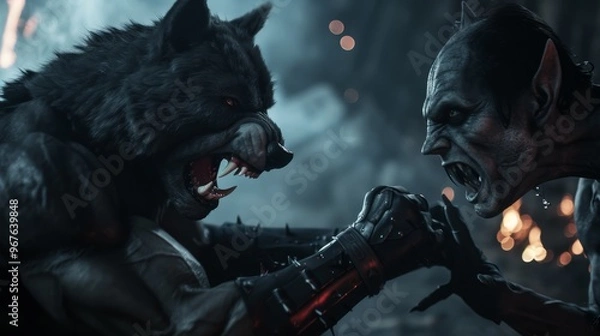 Fototapeta A fierce werewolf confronts a fearsome orc in a dramatic battle.  The image is filled with tension and anticipation, perfect for fantasy or horror projects.