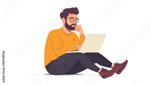 Fototapeta A man sits on the floor engaged in focused work on his laptop in a cozy indoor space