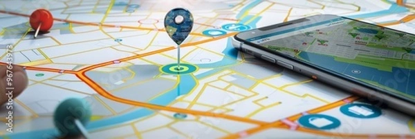 Obraz Geofencing and location-based marketing concept with a digital map, location pin, and mobile device