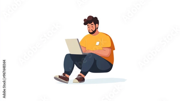 Fototapeta Young man working on a laptop while sitting cross-legged on a flat surface indoors