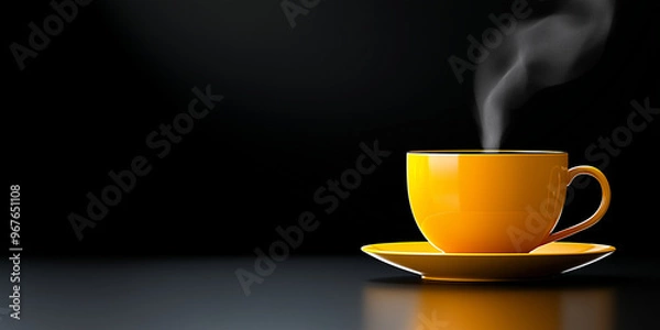 Fototapeta A yellow coffee cup with steam coming out of it sits on a black table. Concept of warmth and comfort, as the steam rising from the cup suggests a hot beverage being enjoyed