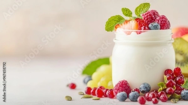 Obraz Close-up of probiotics on the surface of a yogurt jar surrounded by fresh fruits and seeds, microorganisms glowing in soft light, Photorealistic, Warm tones