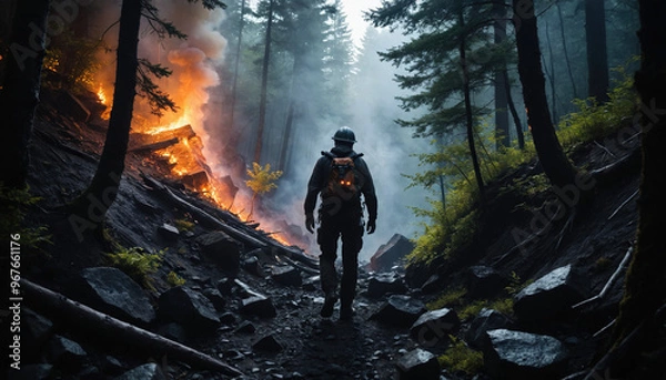 Fototapeta Ember Forest Unknowns in Cloudy Summer: The Pioneer's Journey Overwhelmed in Landslide
