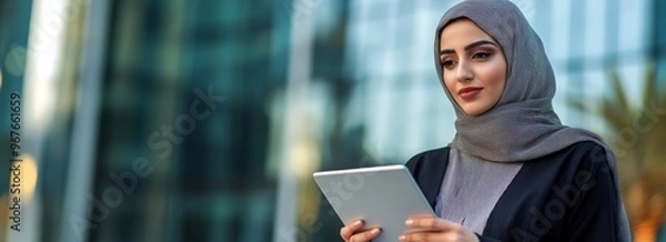 Fototapeta Young woman in a hijab using a tablet outside a modern building during daytime, fully engaged with technology in an urban environment