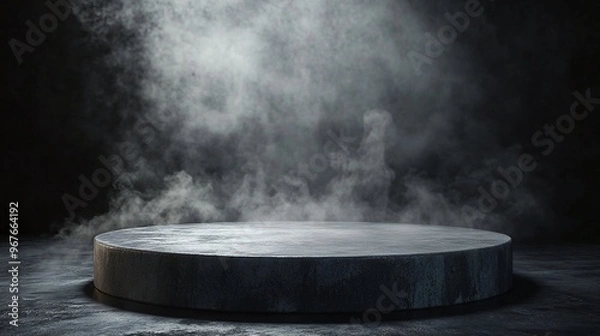 Fototapeta gray concrete podium with smoke, dark atmospheric background, perfect for modern product display and artistic industrial presentation