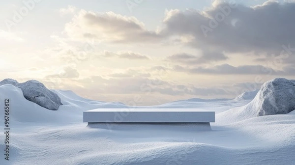 Obraz Cold, snowy landscape with an empty podium, symbolizing competition and triumph in harsh winter conditions.