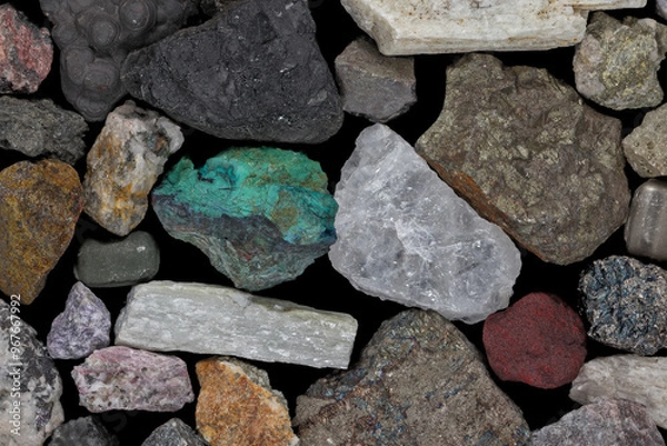Fototapeta Mixture of mine, mining ores, commodities, metals, coal. Background concept, texture, rocks. Variety, mixed, many, multi-colored, colorful. Bear, bull market.