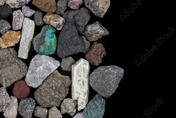 Fototapeta Mixture of mine, mining ores, commodities, metals, coal. Background concept, texture, rocks, with copy space. Variety, mixed, many, multi-colored, colorful. Bear, bull market.