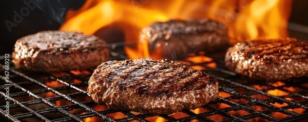 Fototapeta Grilled burgers sizzling over an open flame, showcasing deliciously cooked meat, perfect for summer barbecues and outdoor cooking.