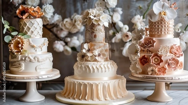 Fototapeta Three elegant wedding cakes artfully displayed against a floral backdrop in a softly lit setting, showcasing intricate designs and pastel colors for a spring celebration